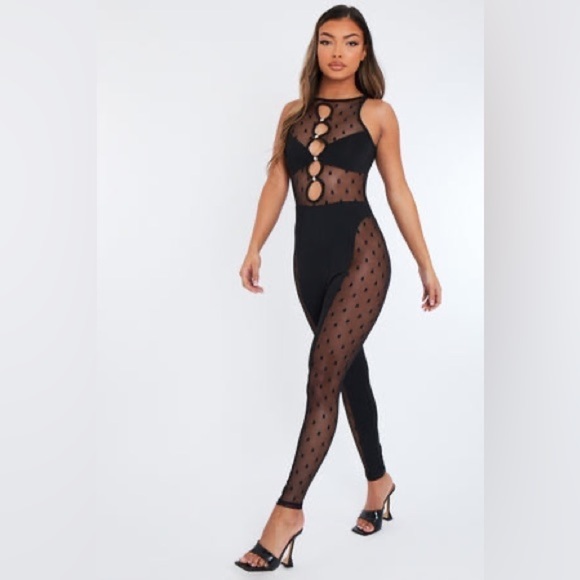 NWT. Blogger’s Favorite Katch Me Large Darla Black Spot Mesh Keyhole Jumpsuit. - Picture 1 of 16